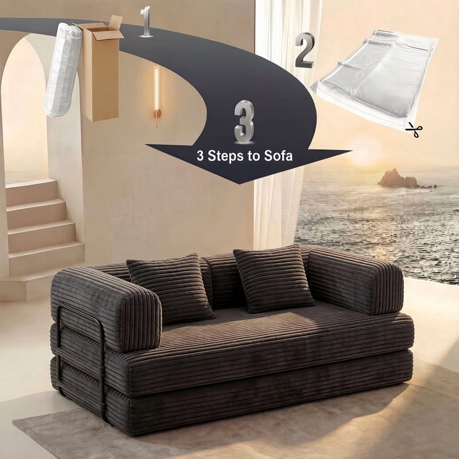 Compression Folding Boneless Sofa, Convertible Floor Sleeper Sofa, Futon Couch Bed, Modular Foam Frame Loveseat