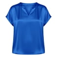 thumbnail image 4 of Wenini Women's Satin V Neck Short Sleeve Blouse Elegant Casual Loose Flowy Curved Hem Lightweight Summer Top, Blue L, 4 of 7
