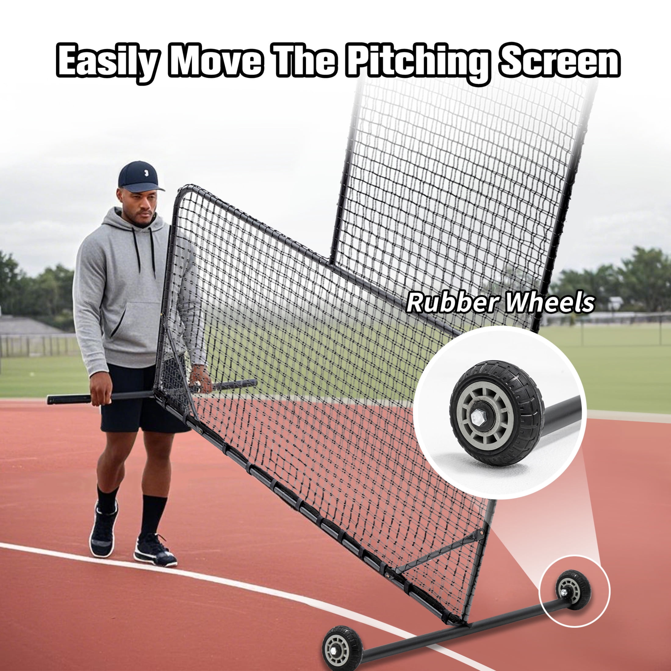Noble House 84" L-Shaped Baseball Pitching Net with Wheels and Carry Bag, Heavy-Duty Training Screen, Black