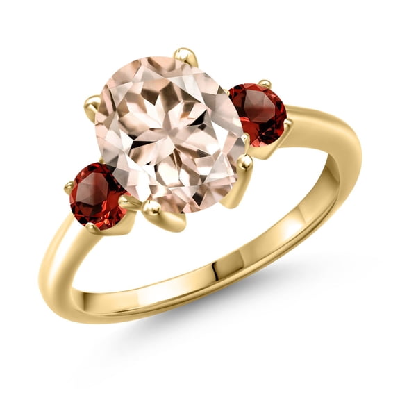 Gem Stone King 2.74 Ct Oval Peach Morganite Red Garnet 18K Yellow Gold Plated Silver Ring (Size 5)