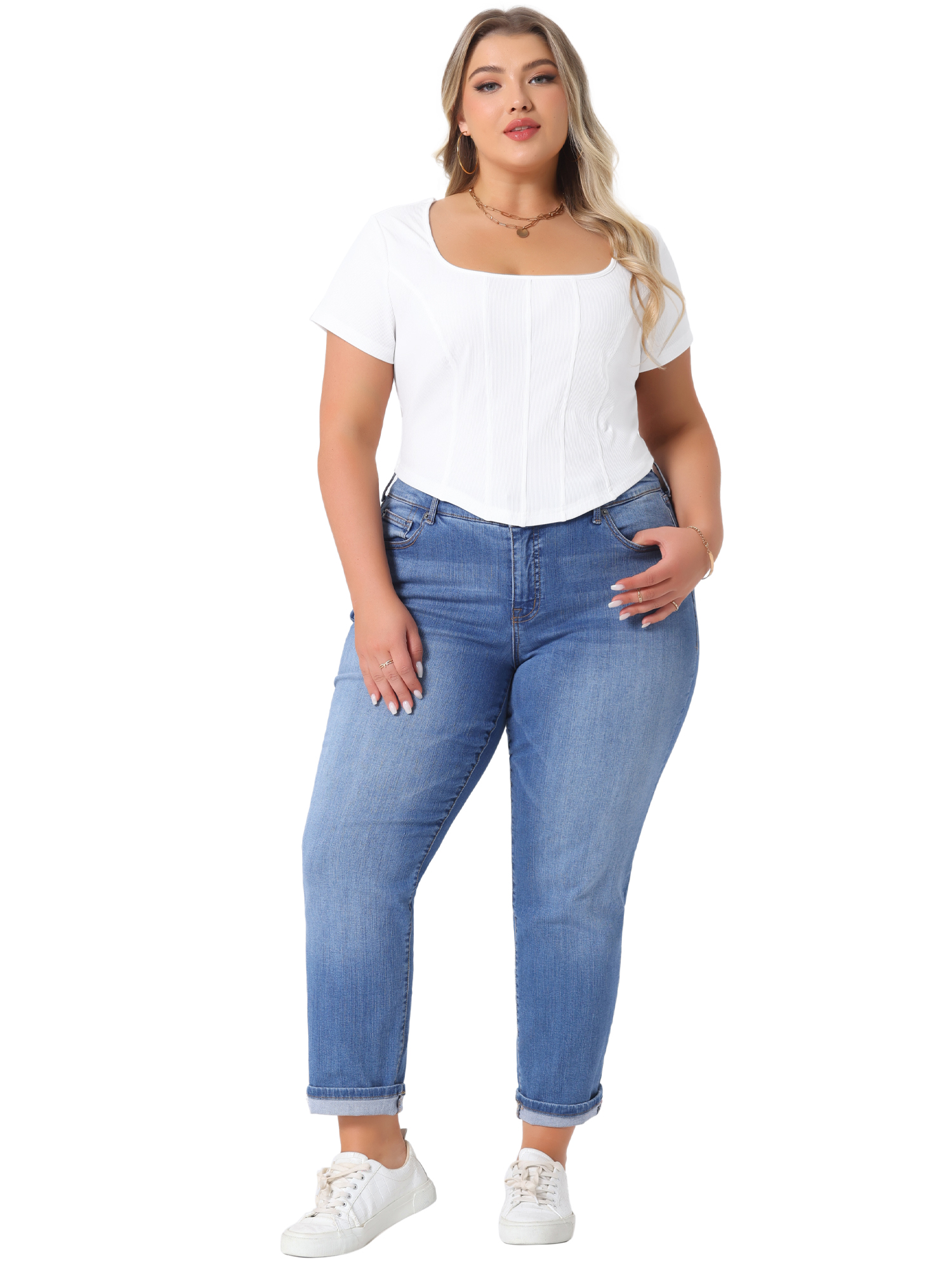 DARING DIVA Women's Plus Basic Short Sleeve Slim Fitted Crop Tops 4X White