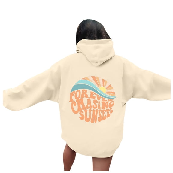 Puliio Women's Hoodie Retro Sunset Wave Letter Graphic Print Oversized Soft Long Sleeve Beach Sweatshirt With Front Pocket