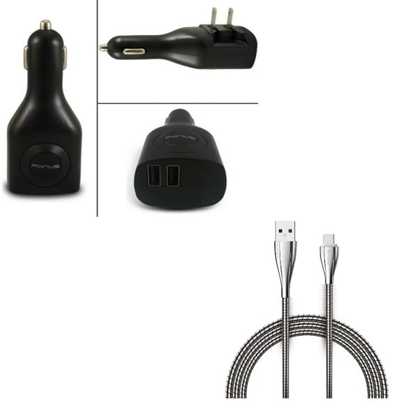 2-Port USB Car Home Charger w 6ft Metal USB Cable K3M for Blackberry KEYone, Key2 LE - BLU G9, Vivo XI Plus 5 - CAT S61 S48c - Coolpad Legacy - Essential Phone (PH-1) - Google Pixel XL 3a XL 3