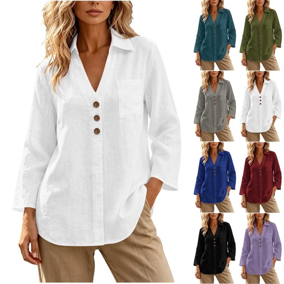 GUACER Womens Long Sleeve Shirts Cotton Linen V-Neck Button Down Tunic Tops with Pocket Casual Loose Blouses