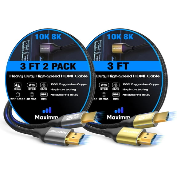 Maximm HDMI 2.1 Cable 3 Feet, Multicolor, 2 Pack, 8K 60Hz 4K 120Hz Ultra High Speed, 48Gbps, eARC, Dolby Vision