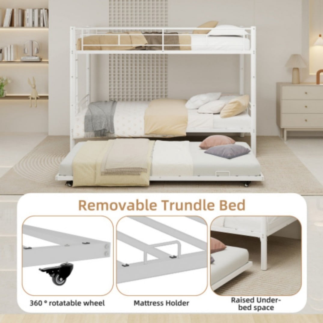 Twin Triple Bunk Bed, 3-in-1 Convertible Metal Bunk Bed Frame, Space-Saving Design with Guardrails & Ladder, Heavy-Duty Iron, White