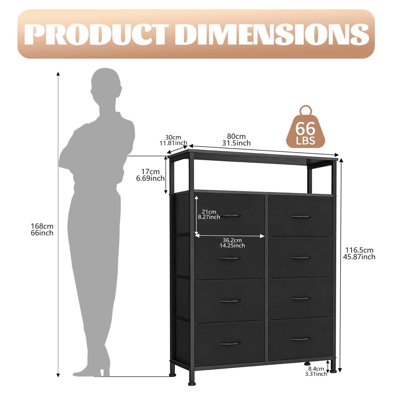 MAYEERTY 45.9-Inch 8-Drawer Fabric Dresser, Tall Storage Cabinet with Open Shelf for Bedroom Closet