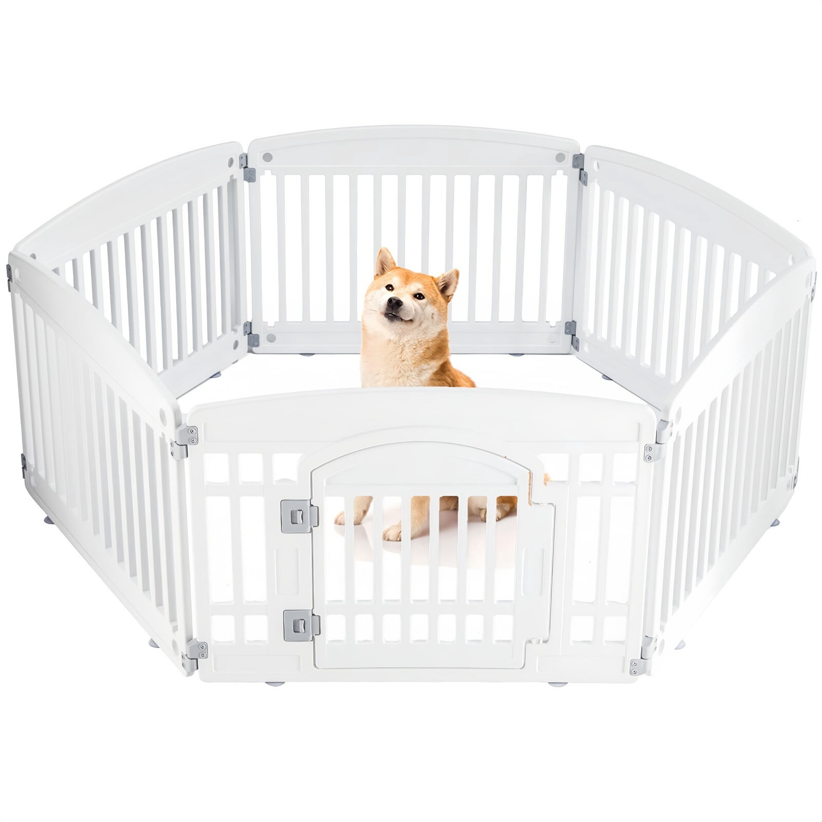 Telyra Pet Playpen Indoor & Outdoor 6 Panels Dog Fence with Safety Lock, White