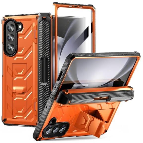 ELEHOLD Rugged Phone Case for Samsung Galaxy Z Fold 5 with Built-in Screen Protector Hidden Kickstand Pen Slot Heavy Duty Full Body Shockproof Case for Samsung Z Fold5 2023,Orange