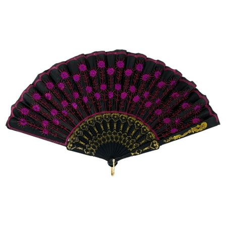 

Northeast Home Goods Elegant Colorful Embroidered Flower Peacock Pattern Sequin Fabric Folding Handheld Hand Fan Hand-Crafted (Purple)