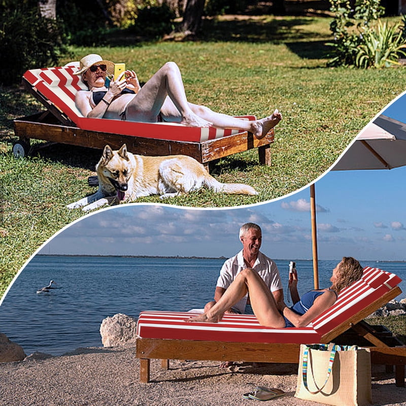 Outdoor Chaise Lounge Cushion, High-Density Foam Fill Patio Furniture Bench Cushions with Ties, Thicken Waterproof Replacement Back Chaise Cushions for Pool, Sand Beach (Red White Stripes)