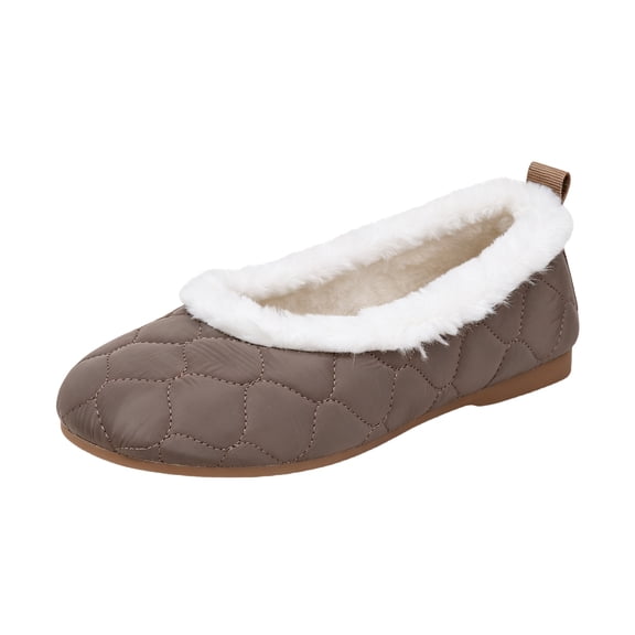 QWKLEAJ Women's Fuzzy Lined Flats, Fall and Winter Flat Slip On Warm Fleece Lined Low‑Top Shoes Gray 9