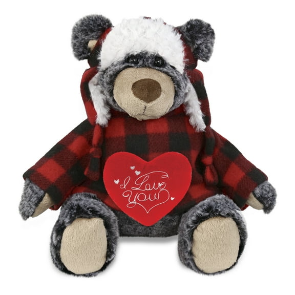 DolliBu I Love You Plush Super Soft Black Bear with Red Plaid Outfit - Stuffed Animal Bear with Red Heart Plush for Valentines, Anniversary, Romantic Date, Boyfriend, or Girlfriend Gift - 9 Inches