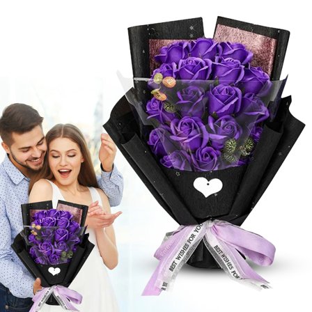 Purple Rose Bouquet Artificial Flower,Artificial Rose Silk Flower Fake Rose Blossom Bridal Bouquet for Home Wedding Decor, Unique Gifts Valentine's Day, Mother's Day, Thanksgiving, Birthday,