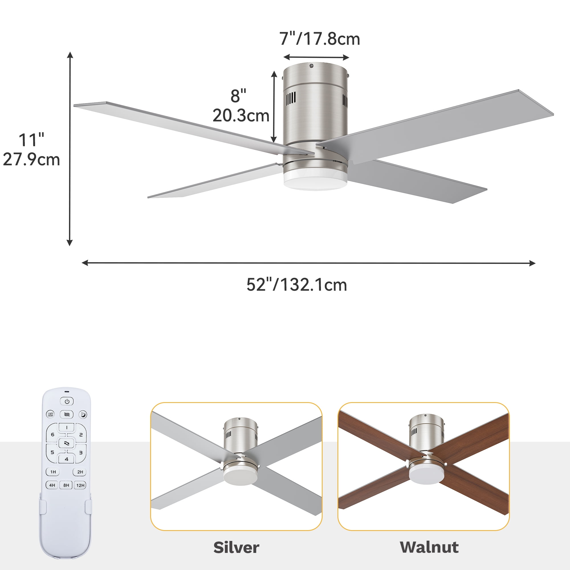 Uforic 52" Ceiling Fan with Light and Remote Control with Reversible 4 Blades, Nickel