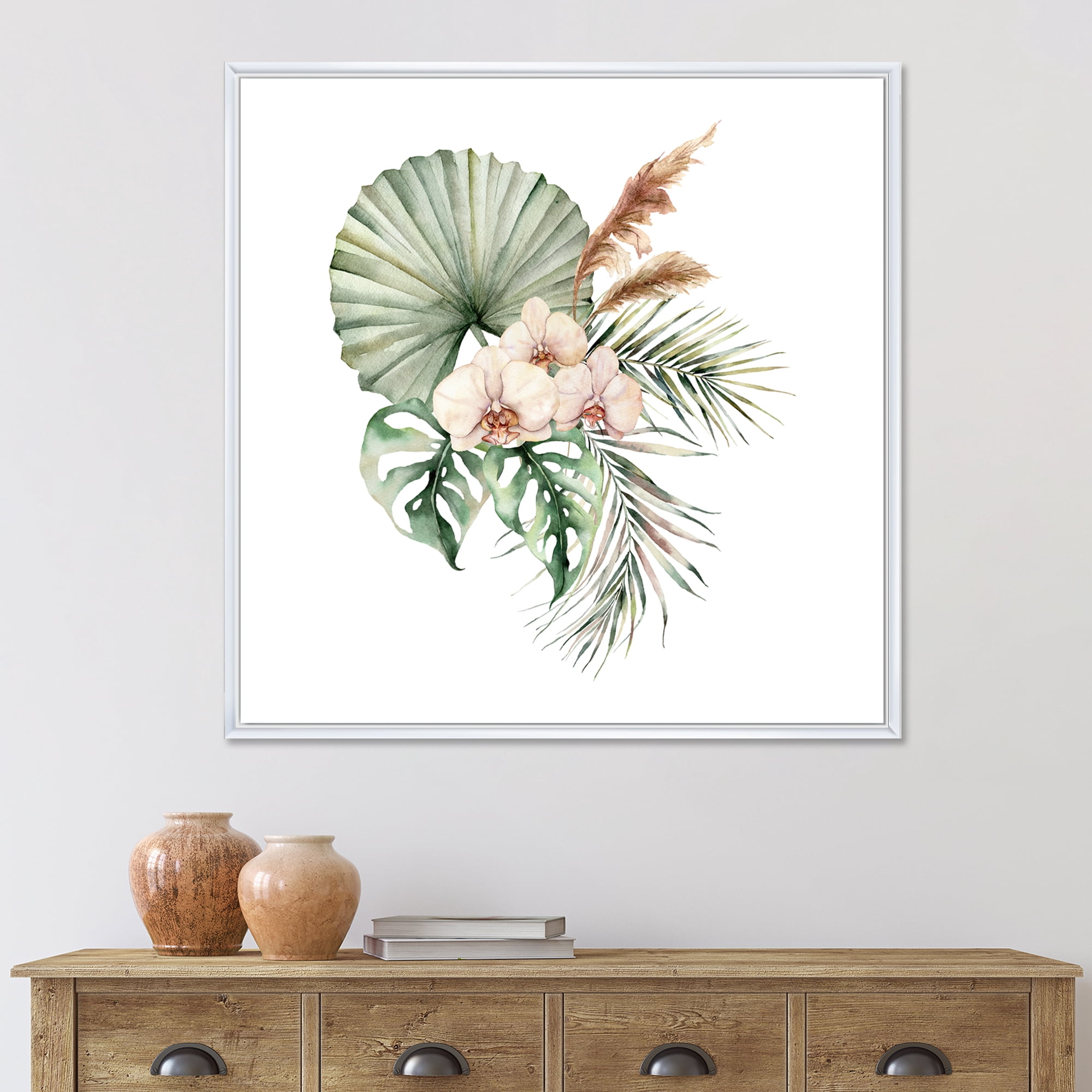 Designart 'Tropical Bouquet With Palm Orchids Leaves' Traditional Framed Canvas Wall Art Print