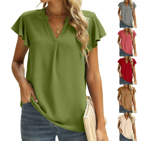 HAPIMO Women's Fashion Shirts Solid Color Print Tops Comfy Casual Loose Blouses Regular Fit Clothes for Girls Ruffle Sleeve Tees V-Neck T-shirt Red L s