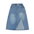 thumbnail image 2 of LYMAYTER Teens Girls Denim Skirt Midi Knee Length High Waist Slit Front Washed Jean Skirt Elastic Waist 5-14Y, 2 of 8
