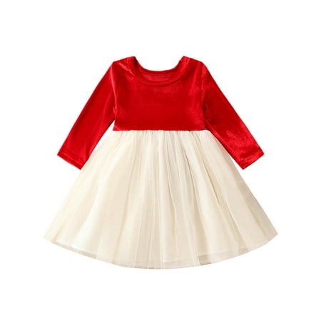 Mevireiy Little Girls Velvet Dress Long Sleeve Mesh Tulle Patchwork Birthday Party Dress Red 3-4 Years