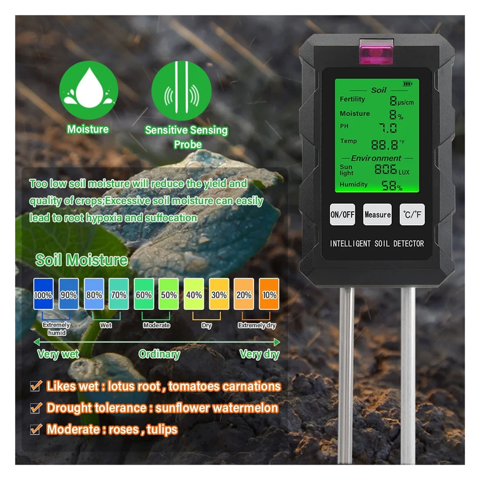 Digital 6 in 1 Soil PH Meter Fertility Soil Moisture Sunlight Ambient Humidity Temp Tester Monitor Detector Garden Soli Analyzer