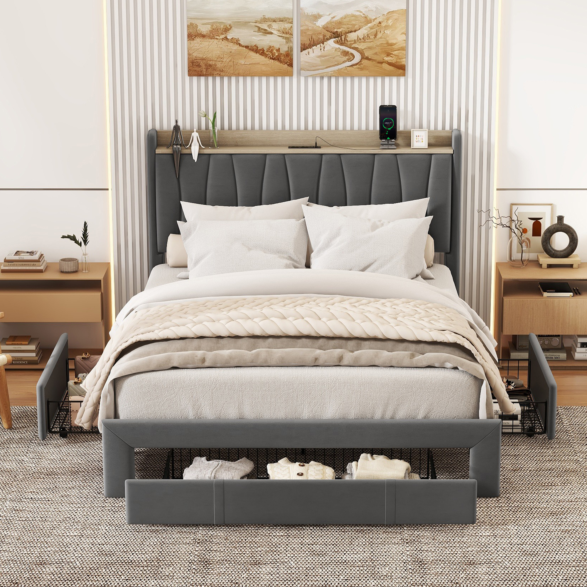 Leumius Queen Size Bed Frame with Storage Headboard & USB Charging Station,Upholstered Platform Bed with 3 Storage Drawers,No Box Spring Needed,Dark Gray