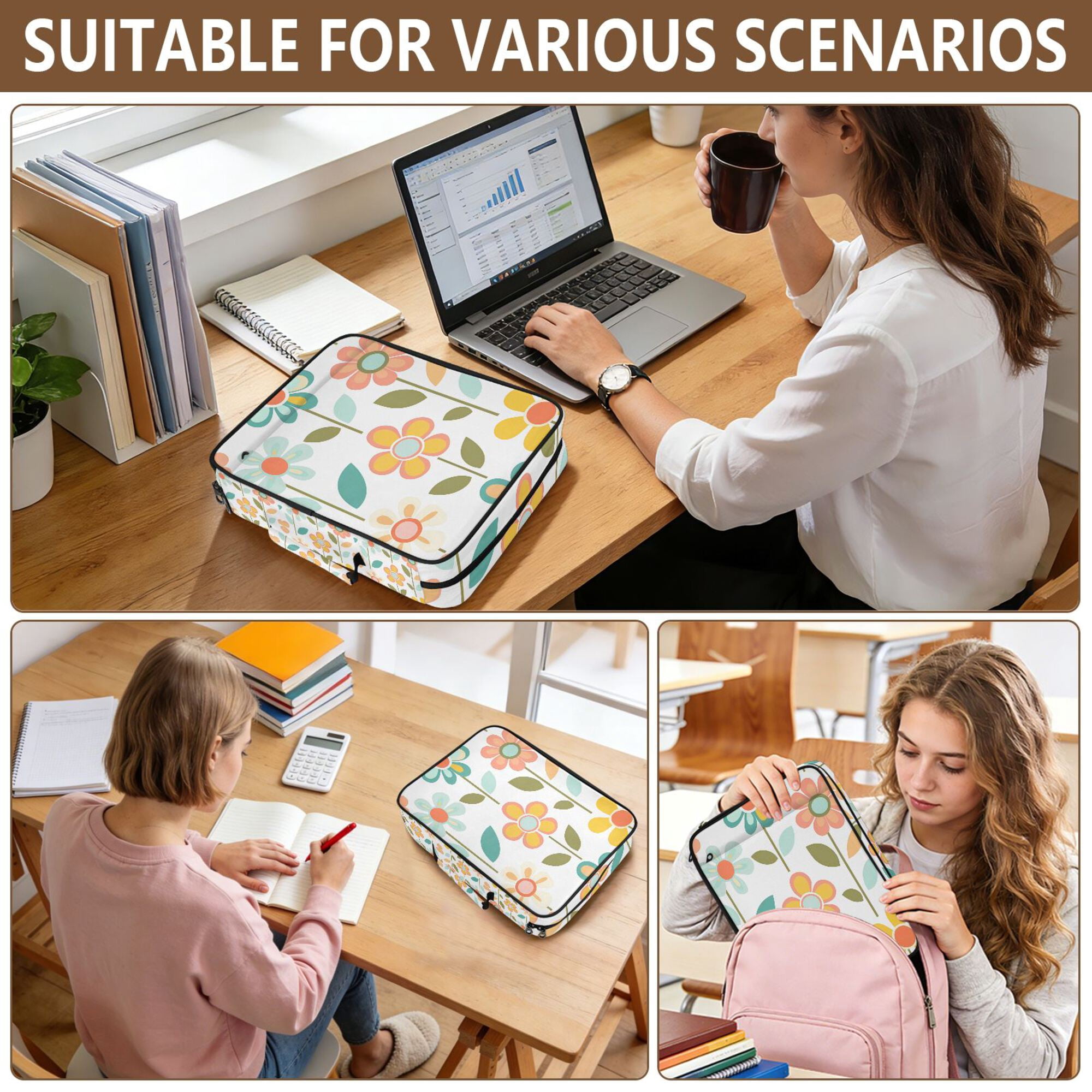 FORMRS Accordion File Folder A4 Size 7-Pocket Expanding Document Organizer Bag with 3 Ring Binder, Orange Retro Flower