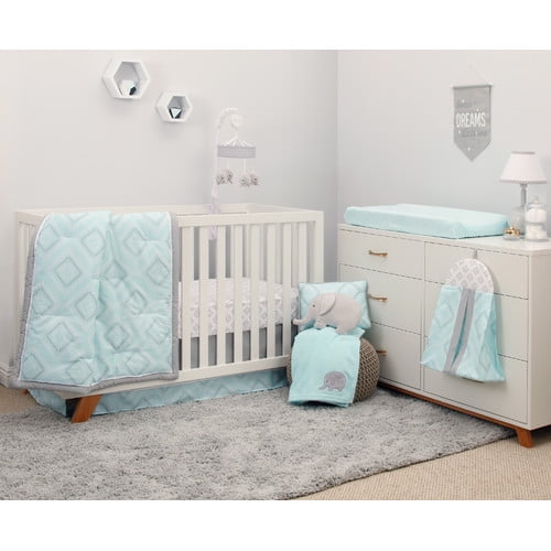 Pink/Grey Elephant 8 Piece Comforter/sheets/ruffle/pillow crib Set NoJo Dreamer 