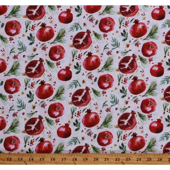 Cotton Christmas Seasonal Winter Pomegranates Food Pine Needles Branches Plants Snow White Cotton Fabric Print by the Yard (STELLA-DJL1838)