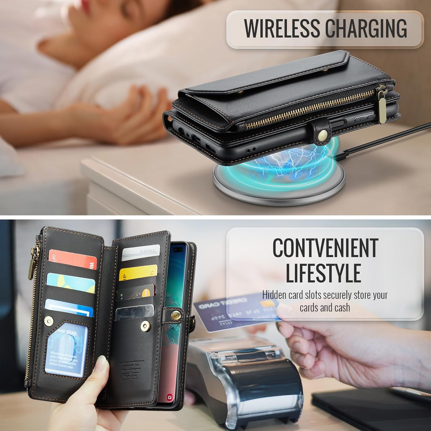 Phone Case for Samsung Galaxy S10 Zipper Wallet Cover with Tempered Glass Screen Protector and Leather Flip RFID Blocking Credit Card Holder Stand Cell S 10 Edge 10S GS10 X10 Women Girls Black