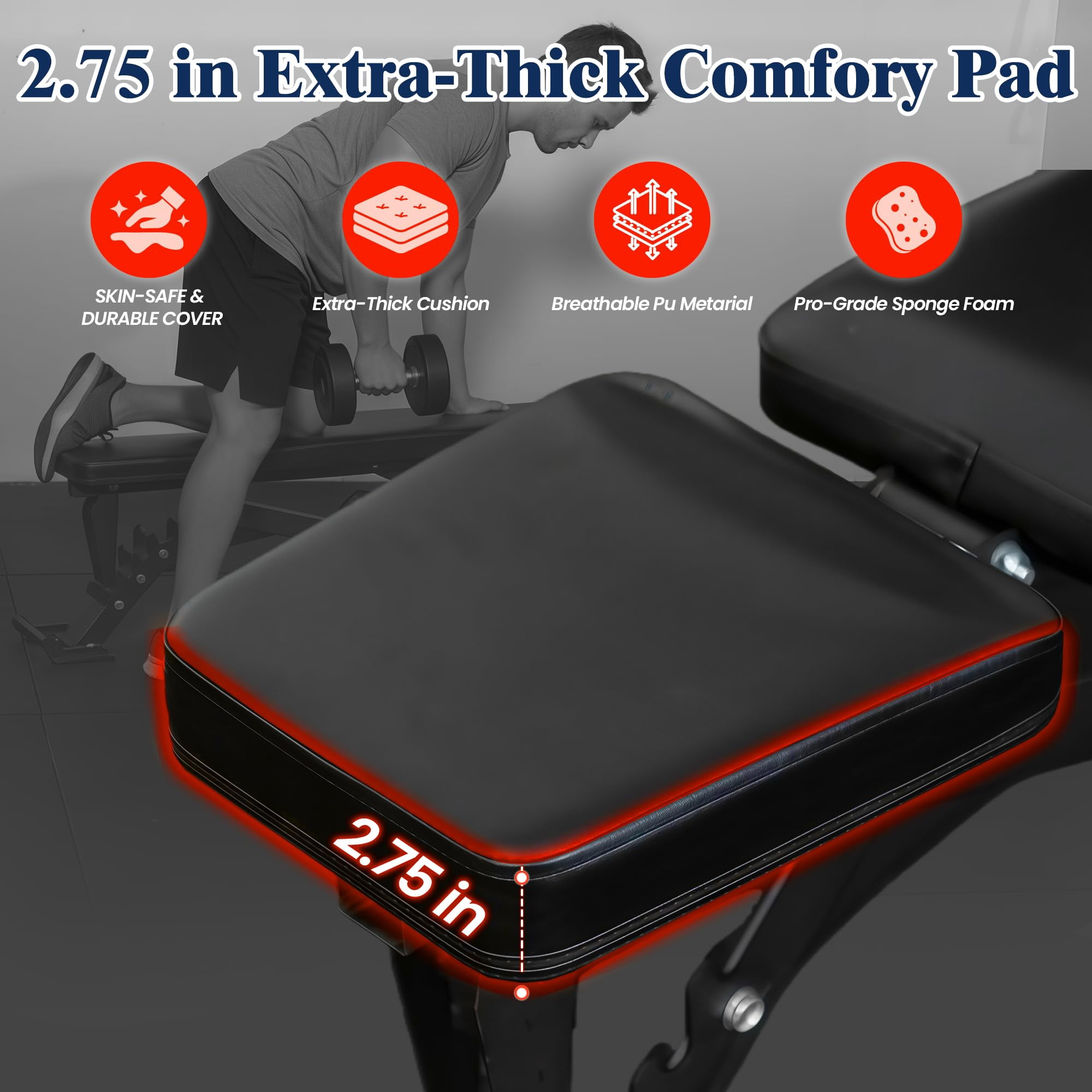 Adjustable Weight Bench, Adjustable Flat Incline Decline Home Gym Bench, Heavy-Duty 12-Gauge Steel Frame with Leg Extension and Preacher Pad for Small Space Apartment Room
