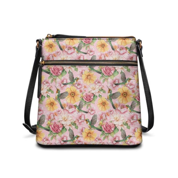 HELLHERO Hummingbird Floral Waterproof Satchel Bag for Travel Outdoor Activities, Adjustable Strap Spacious Ladies Shoulder Purse Multiple Zipper Pockets Women's Leather Crossbody Bag