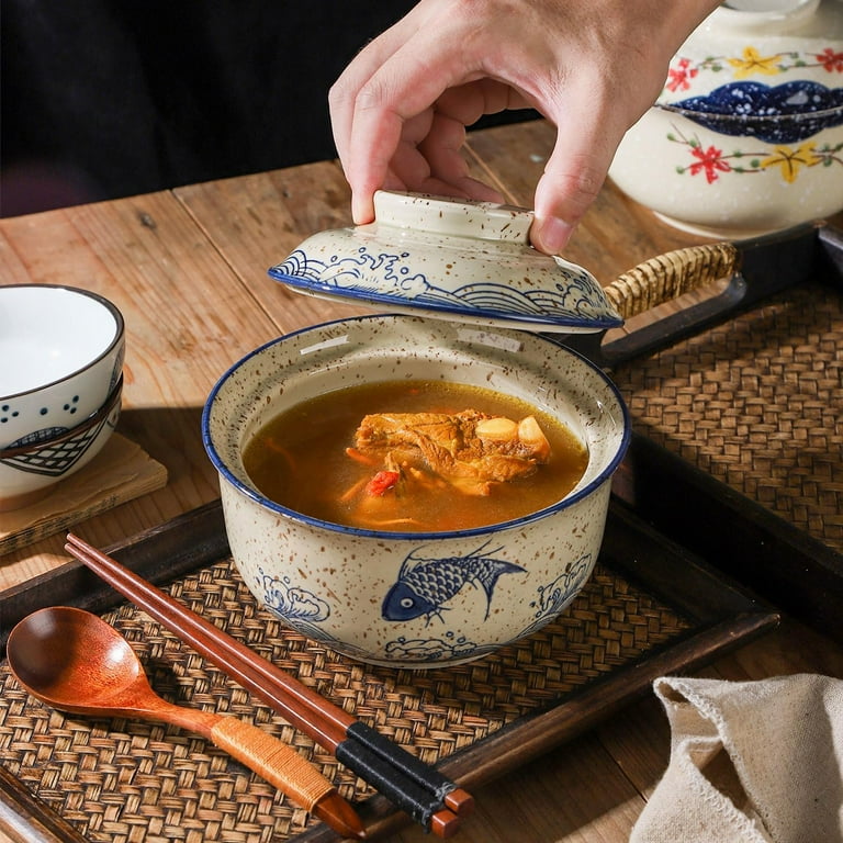 Japanese Ceramic Ramen Bowl Set With Lid - 800ml Large Soup Bowls With Spoon & Chopsticks (Fish Design)