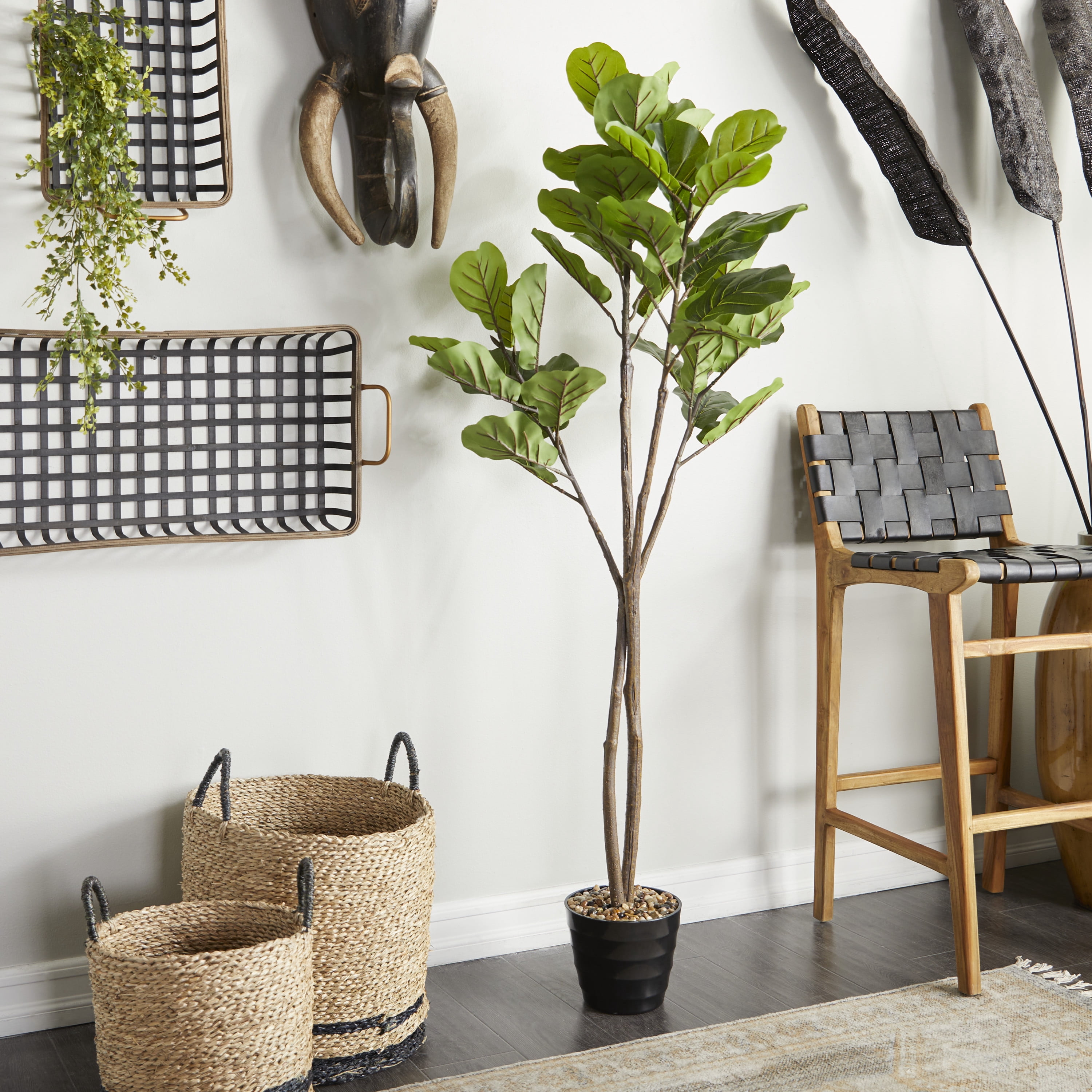 DecMode 63" Artificial Fiddle Leaf Tree in Realistic Leaves and Black Melamine Pot