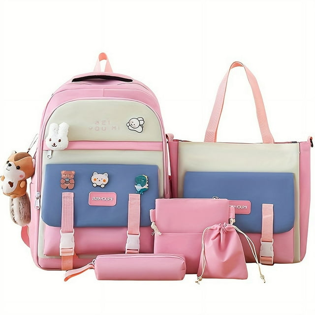 5pcs Backpack Crossbody Bag Handbag Drawstring Bag And Pen Bag Set, Fashion Contrast Color Student Backpack With Cute Squirrel Pendant, Women's Men's Backpack, Preppy Large-capacity Travel Bag