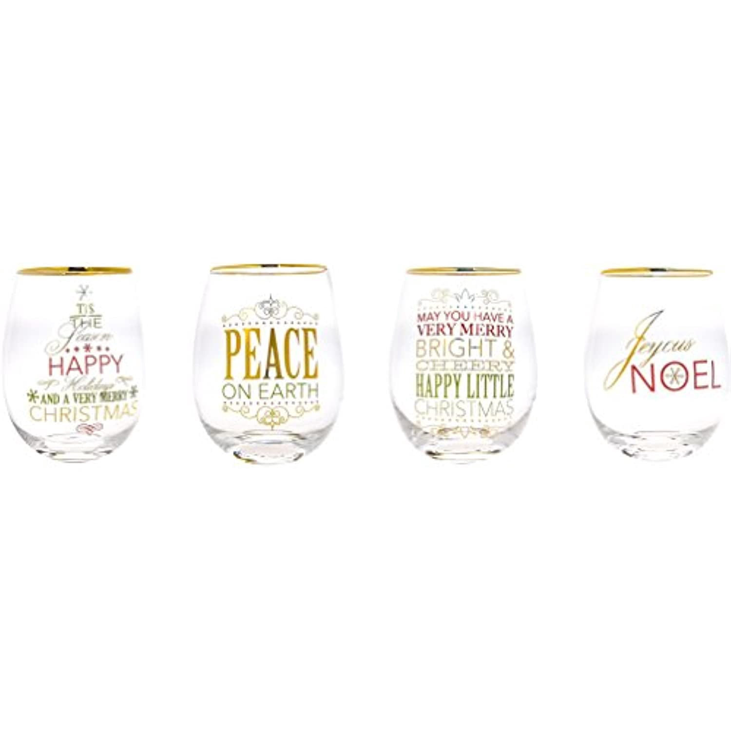 Tableware basics Christmas Stemless Wine Glasses, Set of 4, Festive Holiday Drinkware with Gold Rim, "Peace on Earth" & "Noel" Sayings, 15 oz, Ideal for Holiday Parties & Hostess Gifts