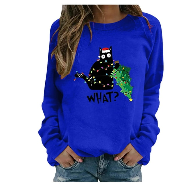 Chandail en Molleton d'Hiver pour Femmes Mi-Longueur Blouse Ample à Capuche Mode Pull Col Rond Chaud Cardigan Imprimé Noël Hoilidy
