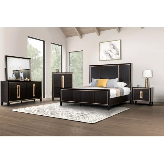 Modern Panel Headboard Queen Size Bed Dresser Mirror Nightstands Chest 6pcs Bedroom Furniture Espresso Solidwood