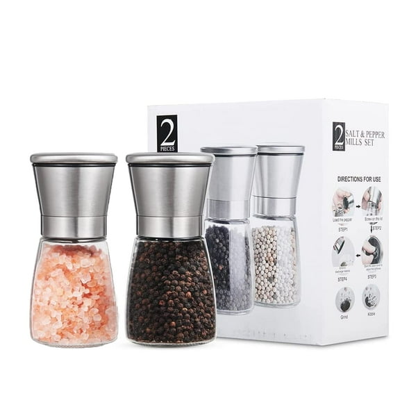 SanNuo Salt and Pepper Grinder Set, 2-Piece, Stainless Steel and Glass, Adjustable Ceramic Mill