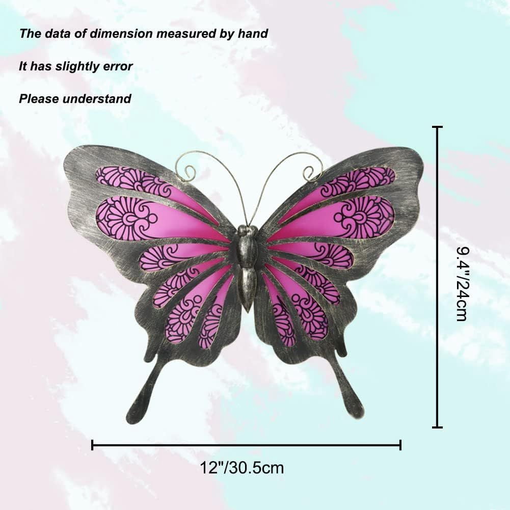 Metal Butterfly Wall Decor 12 Inch Glass Butterfly Outdoor Hanging Garden Decor For Yard Fence Patio Dark Pink