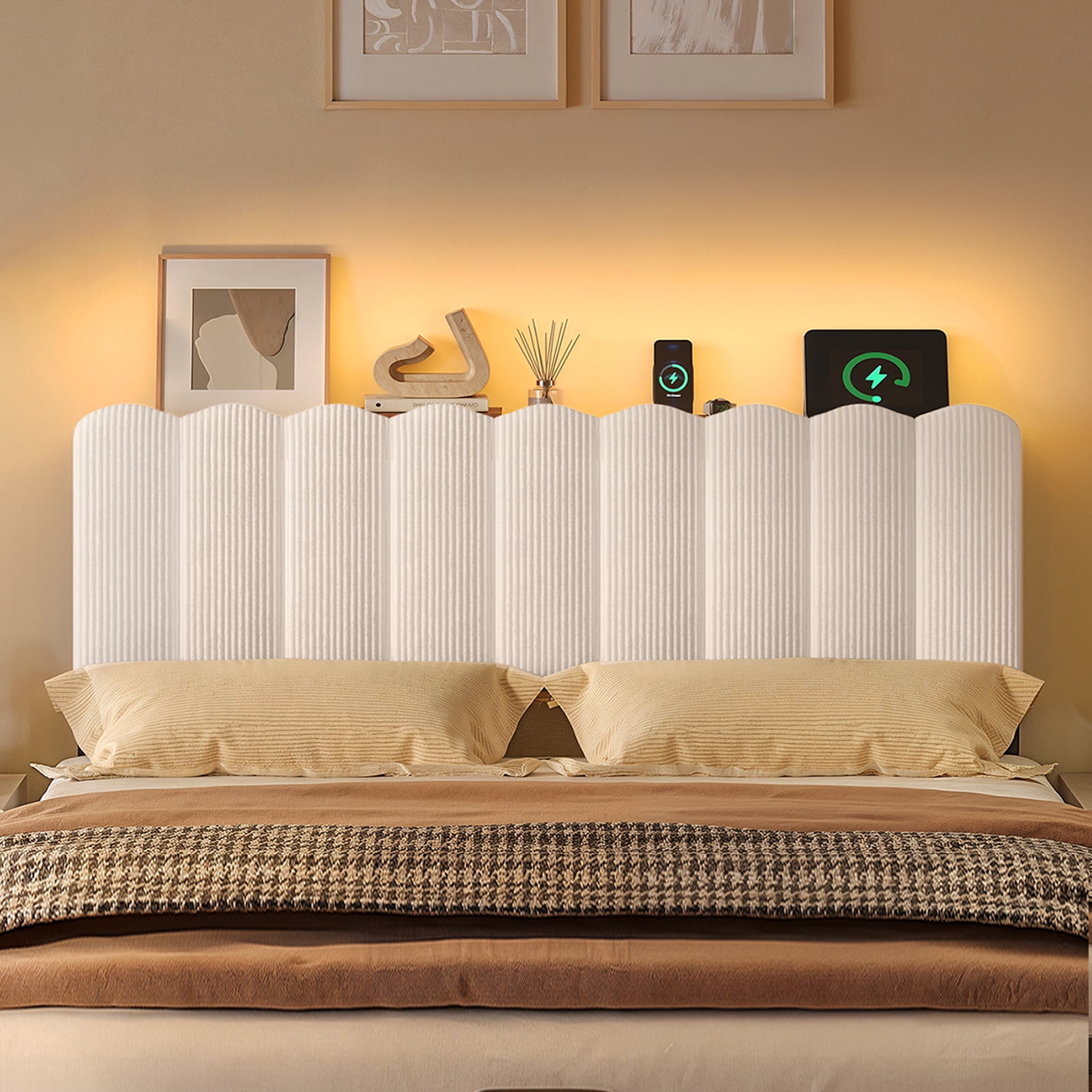 Pinmoco Queen Upholstered Headboard with Storage, LED Lights and Charging Station, Beige Striped Corduroy, Height Adjustable, Easy Assembly
