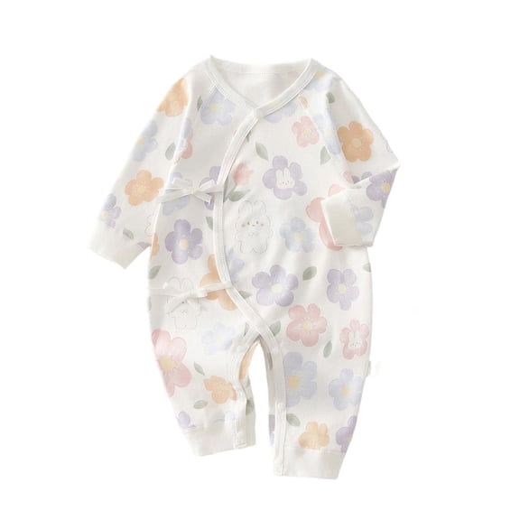 Baby Kimono Style Romper Girls Boys Cotton Long Sleeve Cute Printed Onesie with Side Bow Tie Detail and Snap Crotch Infant Comfort Jumpsuit Beige 4 0-3 Months