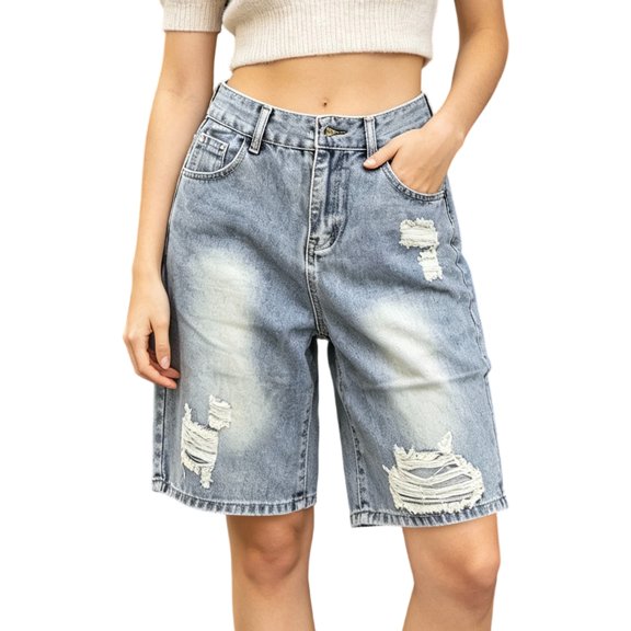 BODOAO Women's Distressed Denim Shorts, Ripped Design Relaxed Fit Mid Length Jean Shorts with Raw Hem Detail, Washed Fabric, Pockets and Casual Loose Shape Detail Blue L