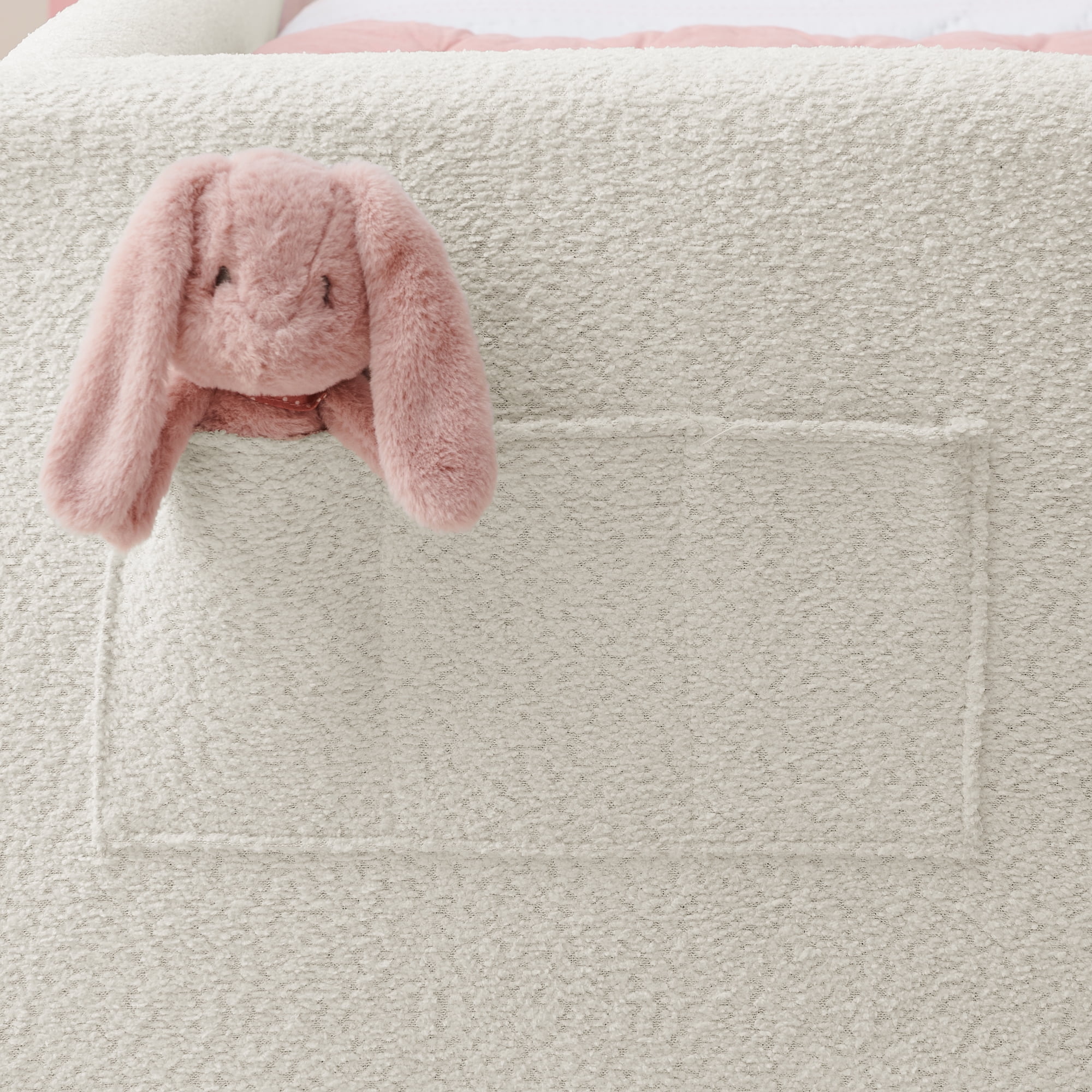 T-Joy Cute Kids Bed with Rail and Pocket, Boucle Wooden Platform Bed with Rabbit Ear, Twin Size, Beige