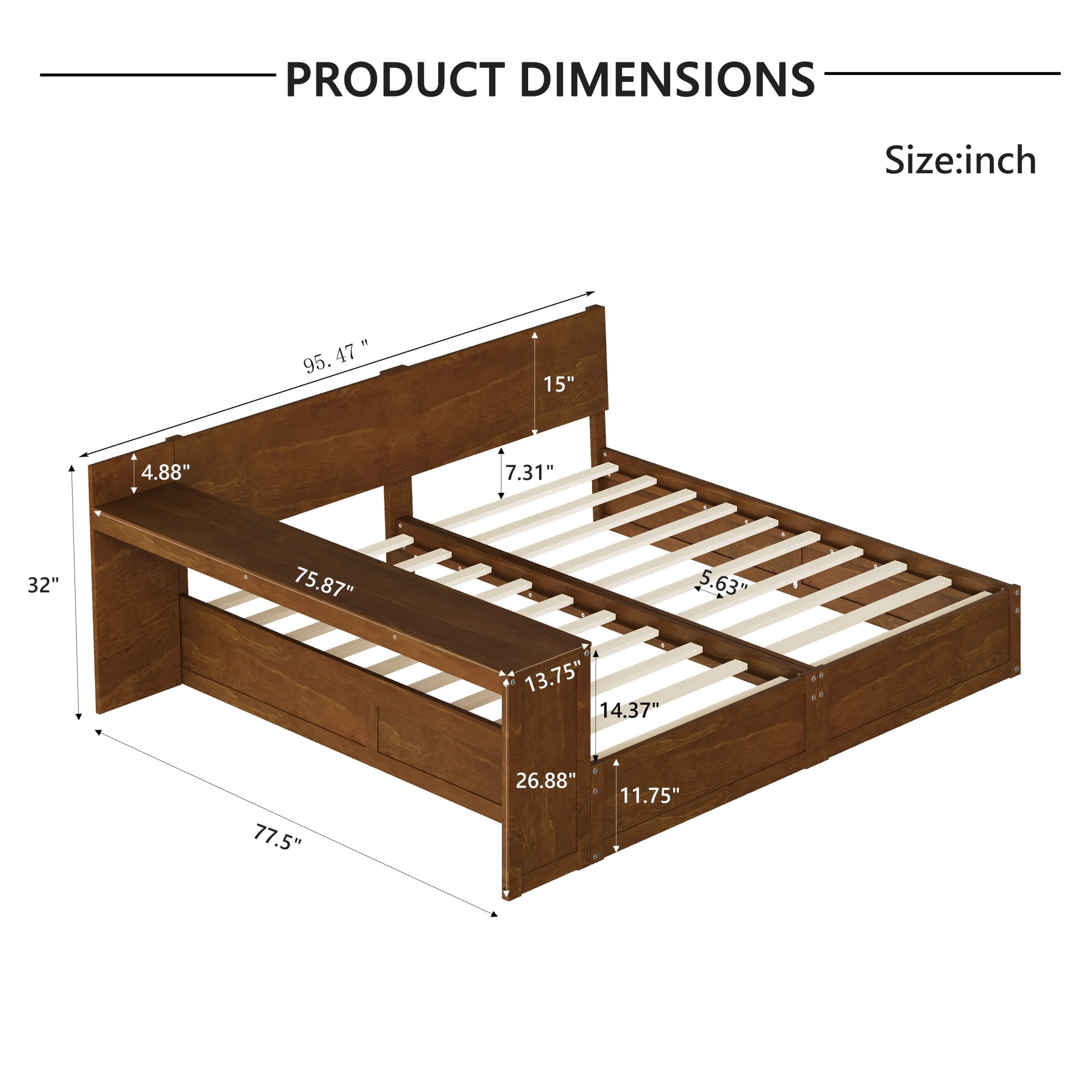 Noble House Girel Twin Platform Bed Frame Set for 2 Kids with Adjustable Storage Desk, Space-Saving Design, Walnut