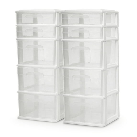 Open Box Homz Clear Plastic 5 Drawer Home Storage Container Tower, White (2pk)