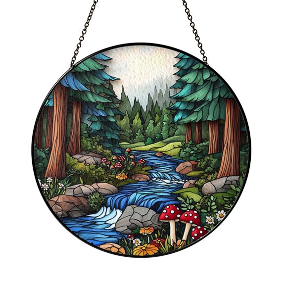Stained Glass Enchanted Forest Stream Window Hanging, Woodland Nature Art for Calm Home Styling