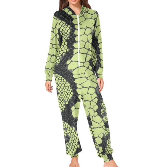 Green Black Snake Skin Adult's Hoodie Onesie Jumpsuit One-Piece Pajamas with Zipper Unisex for Holiday S