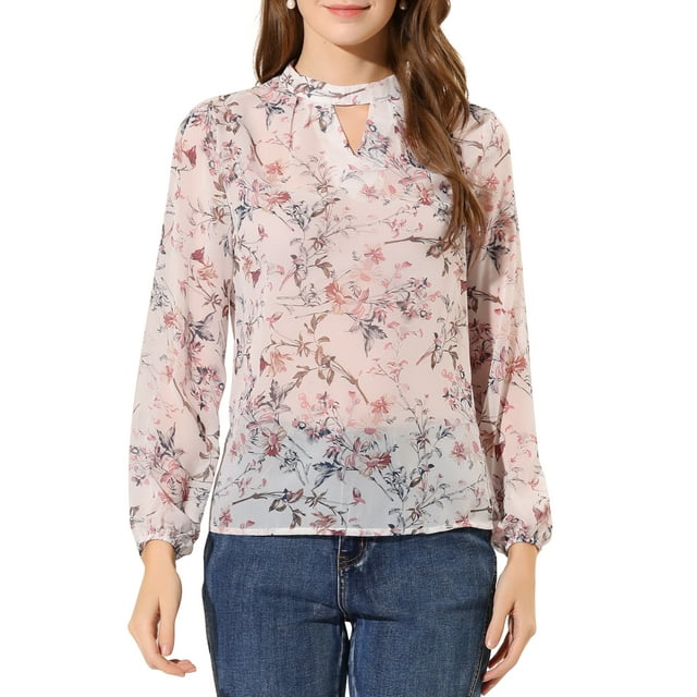 Unique Bargains Femmes Floral Semi Transparent Trou de Serrure Chemisiers Stand Col Puff Manches Longues Tops