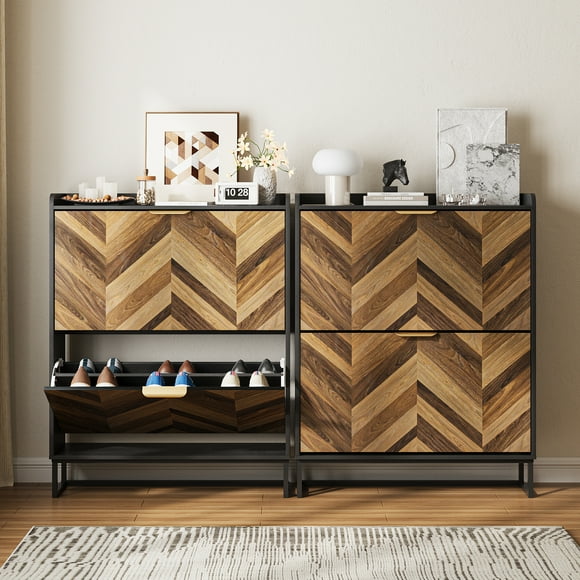 VEANERWOOD Shoe Storage Cabinet with 2 Flip Drawers for Entryway, Narrow Shoe Cabinets with Metal Legs & Adjustable Shelves, Shoe Rack Organizer