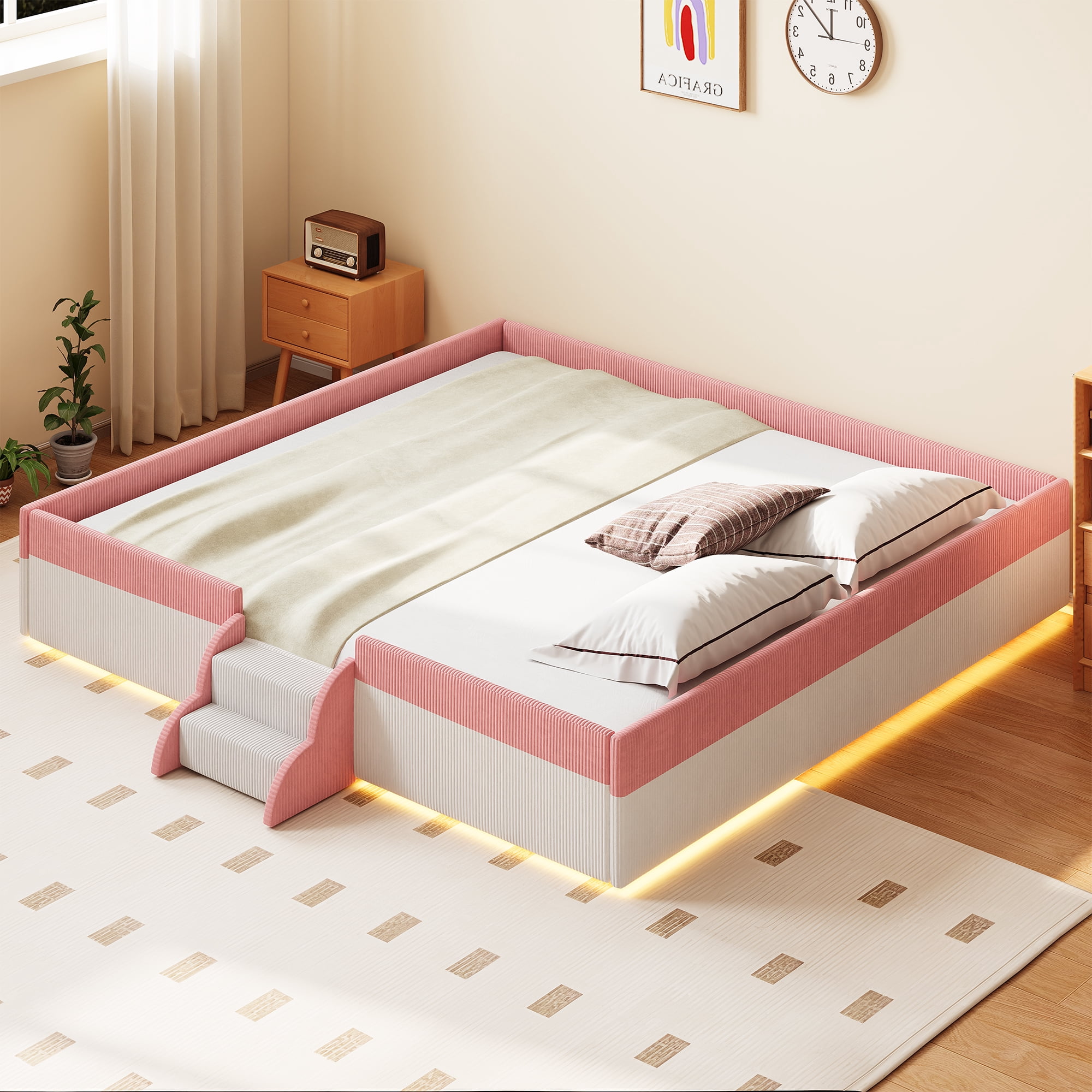 Howcool King Size Corduroy Upholstered Floor Bed with Fence and Smart LED Lights,2-Tier Steps Platform Bed Frame,Pink+White